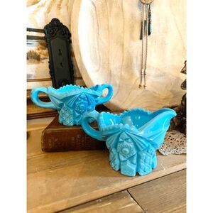 Vintage Westmoreland Blue Milk Glass Cream & Sugar Set – Diamond Quilt Pattern